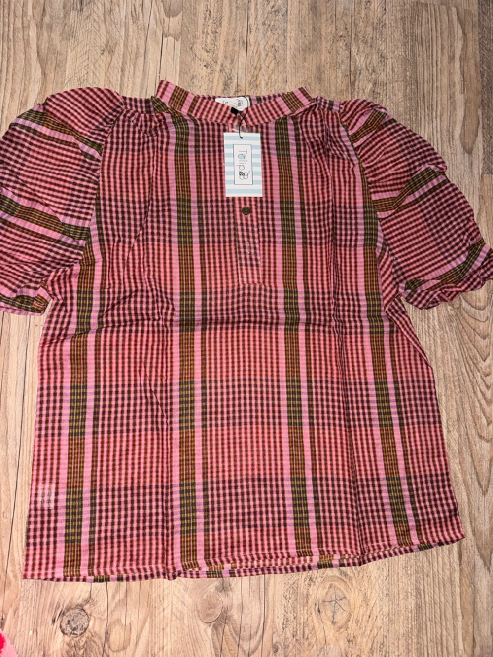 New Tulip B Pink Plaid Puff Sleeve Top Sz-XL